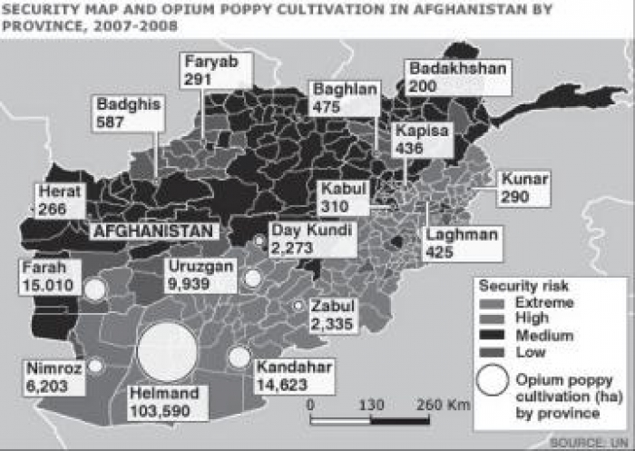 Eksempel pa direkte forfalsket opiumskart over Afghanistan funnet pa  nettet, og med FN angitt som kilde. Her skapes det inntrykk av at  opiumsdyrkingen i talibanomrader i sor er fra «hoy» til «ekstrem»,  mens den i nord er fra «middels» til «lav». Sannheten er at det meste  av dyrkingen foregar i nord.