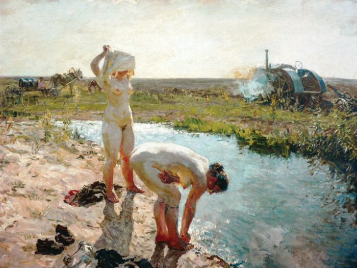 Traktorførarar som badar måla i 1943 av Arkady Plastov(1893- 1972)  fører tankane meir mot den svenske målaren Zorn enn mot hyllest til kollektivisering  og mekanisering av jordbruket.