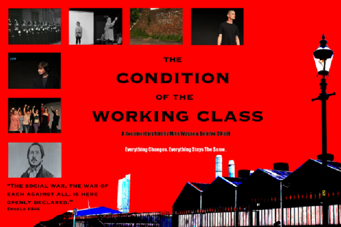 Plakat for filmen «Arbeiderklassens forhold» bygd på Engels bok fra 1844 og dagens erfaringer fra England.