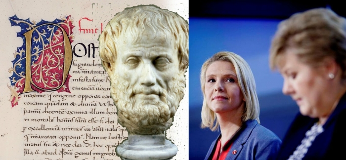 Aristoteles var en av de greske klassikerne som utformet retorikkens etiske vesen. Erna Solberg og Sylvi Listhaug er av dem som skamløst misbruker den.