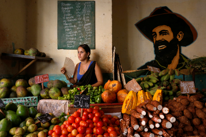 En cubansk kvinne selger frukt og grønnsaker ved siden av portrett av revolusjonshelten Camilo Cienfuegos på et lokalt marked i Havana, juli 2018																		REUTERS/Stringer