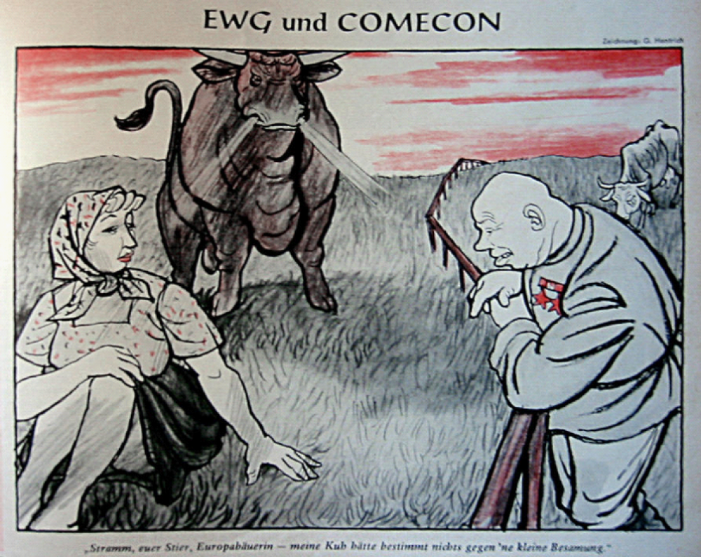 Tysk satiremagasin 1962: «EEC og COMECON - Oksen din er svært kraftig, europeiske jordbruker, - Kua mi hadde bestemt ikke noe imot en liten besvangring». I realiteten var Comecon et mer vellykket prosjekt enn EEC. Sosialistlandene baserte sitt samarbeid på spesialisering i produksjon av forskjellige typer maskiner, utstyr og jordbruksvarer. Sovjetunionen solgte billige råmaterialer til samarbeidslandene mot gjenkjøp av teknologisk avansert gods. Under oljekrisen i 1973 solgte Sovjetunionen olje til priser langt under prisen på verdensmarkedet. 